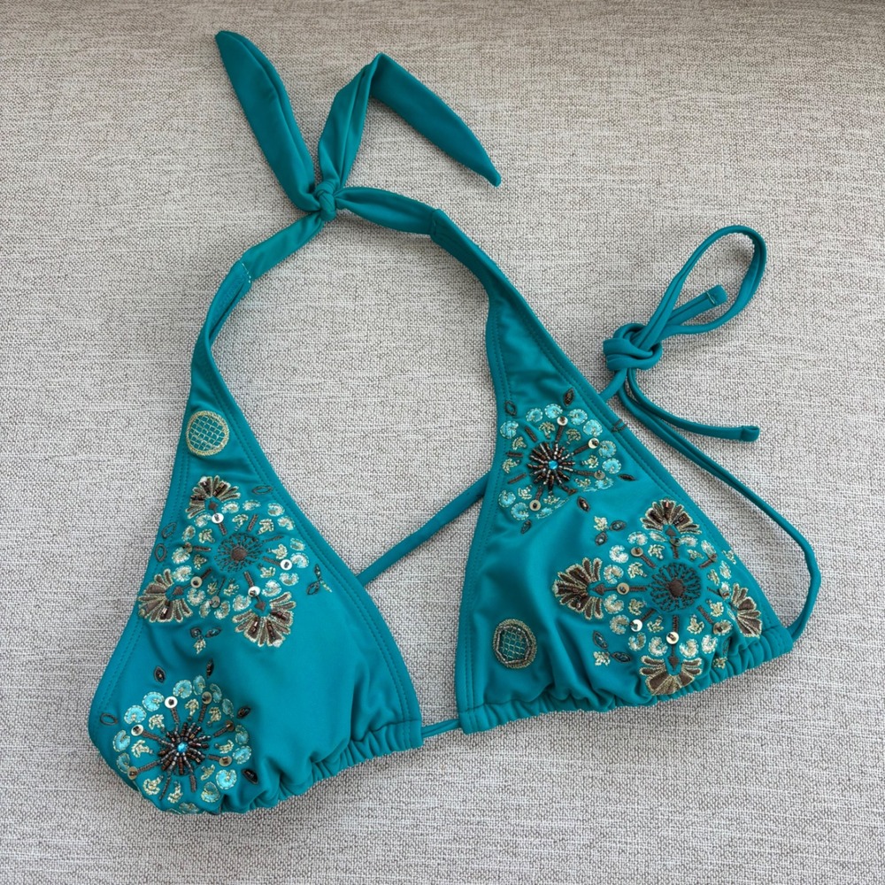 2004 Vintage Xhilaration Bikini Top S Teal Embroidered Beaded Halter Y2K Boho